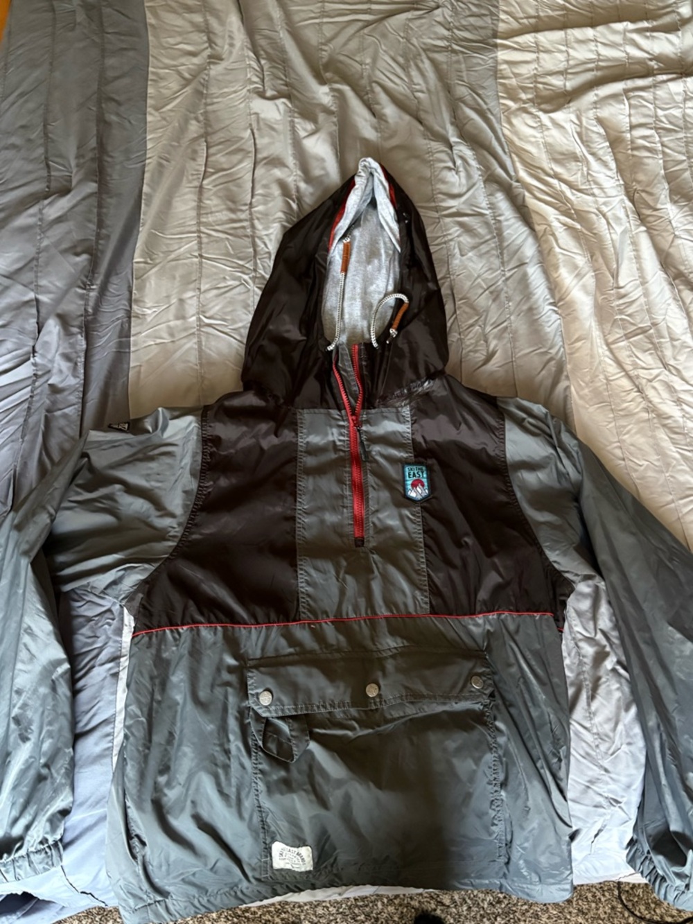Men’s Hooded Ski Jacket/Hoodie in Dark Gray and Black with Red Trim